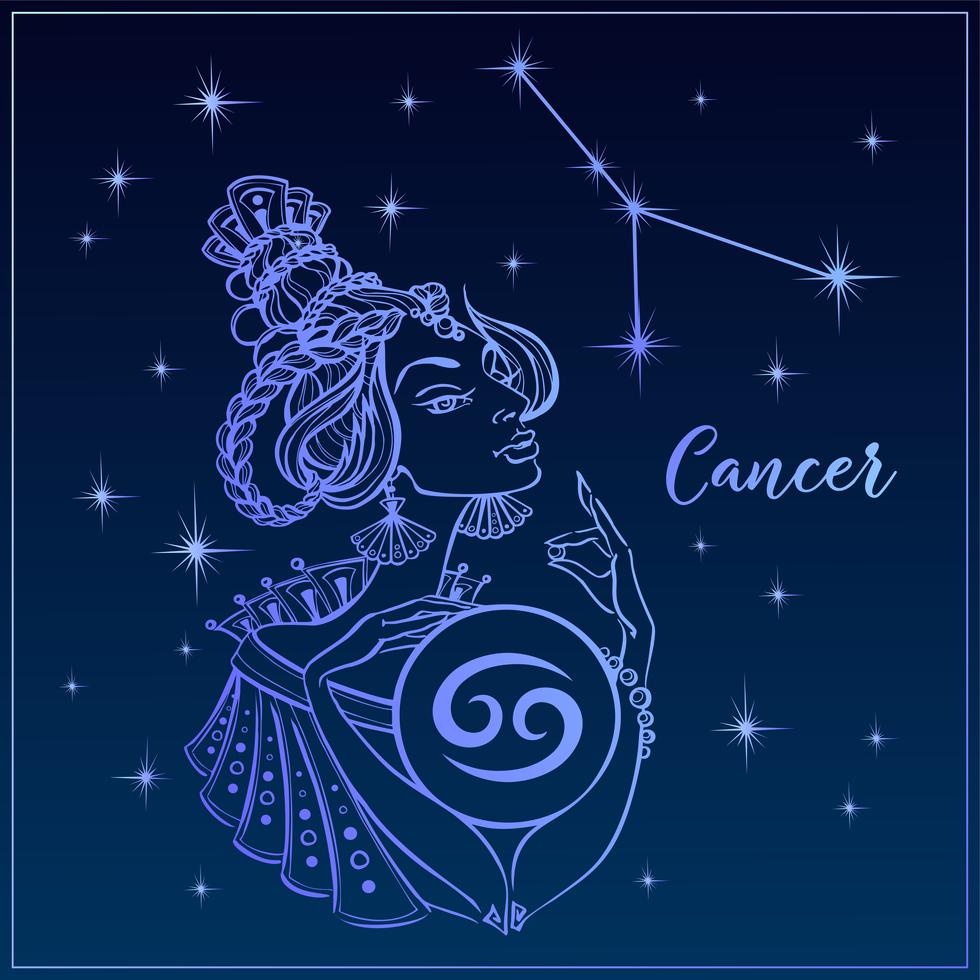 zodiac sign cancer as a beautiful girl the constellation of cancer night sky horoscope astrology vector